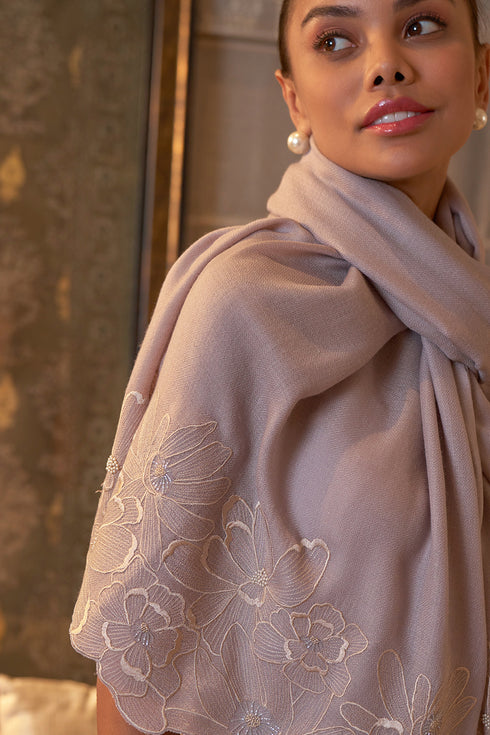 Magnolia Bloom Embroidered Wool Silk Stole